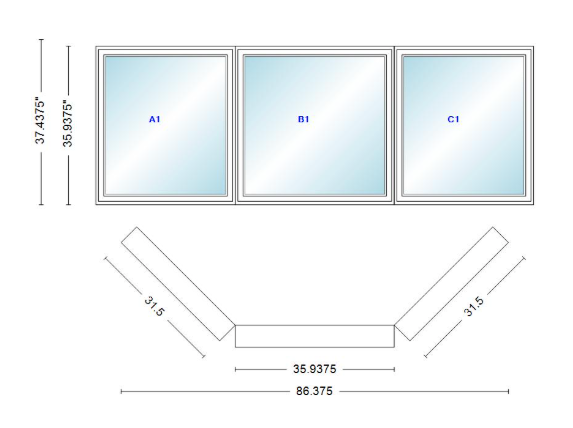Andersen 400 Series Casement Bay Window Left-Stationary-Right 86 3/8" Wide Casement With Casement Flankers 45 Degree Angle Of Deflection Vinyl Exterior Wood Interior Low-E4 Dual Pane Argon Gas