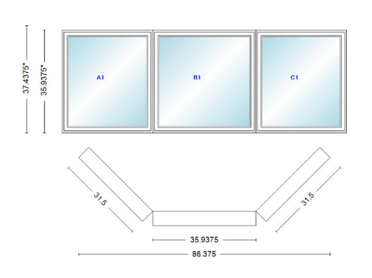 Andersen 400 Series Casement Bay Window Left-Stationary-Right 86 3/8" Wide Casement With Casement Flankers 45 Degree Angle Of Deflection Vinyl Exterior Wood Interior Low-E4 Dual Pane Argon Gas
