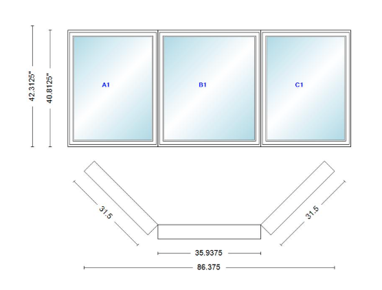 Andersen 400 Series Casement Bay Window Left-Stationary-Right 86 3/8" Wide Casement With Casement Flankers 45 Degree Angle Of Deflection Vinyl Exterior Wood Interior Low-E4 Dual Pane Argon Gas