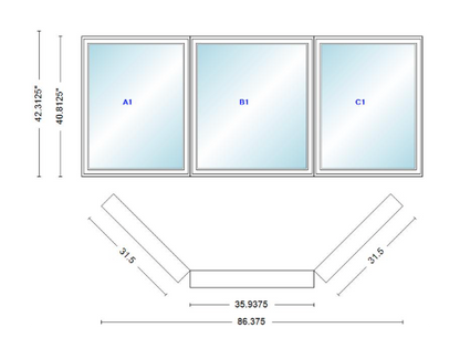 Andersen 400 Series Casement Bay Window Left-Stationary-Right 86 3/8" Wide Casement With Casement Flankers 45 Degree Angle Of Deflection Vinyl Exterior Wood Interior Low-E4 Dual Pane Argon Gas