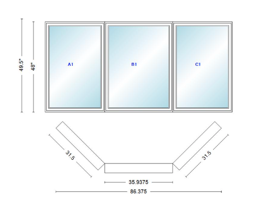 Andersen 400 Series Casement Bay Window Left-Stationary-Right 86 3/8" Wide Casement With Casement Flankers 45 Degree Angle Of Deflection Vinyl Exterior Wood Interior Low-E4 Dual Pane Argon Gas