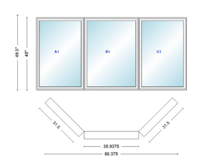 Andersen 400 Series Casement Bay Window Left-Stationary-Right 86 3/8" Wide Casement With Casement Flankers 45 Degree Angle Of Deflection Vinyl Exterior Wood Interior Low-E4 Dual Pane Argon Gas