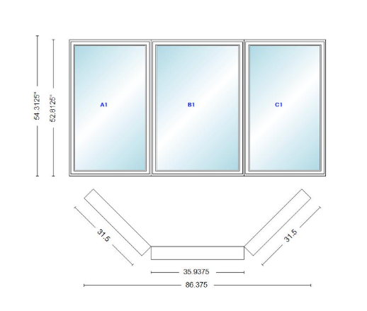 Andersen 400 Series Casement Bay Window Left-Stationary-Right 86 3/8" Wide Casement With Casement Flankers 45 Degree Angle Of Deflection Vinyl Exterior Wood Interior Low-E4 Dual Pane Argon Gas
