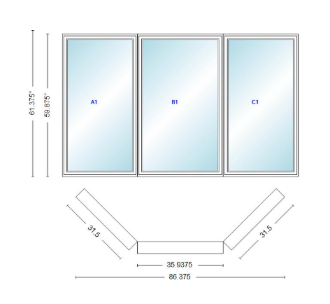 Andersen 400 Series Casement Bay Window Left-Stationary-Right 86 3/8" Wide Casement With Casement Flankers 45 Degree Angle Of Deflection Vinyl Exterior Wood Interior Low-E4 Dual Pane Argon Gas