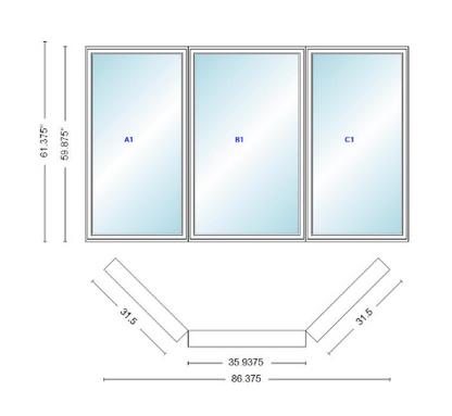 Andersen 400 Series Casement Bay Window Left-Stationary-Right 86 3/8" Wide Casement With Casement Flankers 45 Degree Angle Of Deflection Vinyl Exterior Wood Interior Low-E4 Dual Pane Argon Gas