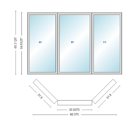 Andersen 400 Series Casement Bay Window Left-Stationary-Right 86 3/8" Wide Casement With Casement Flankers 45 Degree Angle Of Deflection Vinyl Exterior Wood Interior Low-E4 Dual Pane Argon Gas