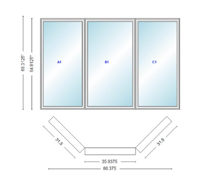 Andersen 400 Series Casement Bay Window Left-Stationary-Right 86 3/8" Wide Casement With Casement Flankers 45 Degree Angle Of Deflection Vinyl Exterior Wood Interior Low-E4 Dual Pane Argon Gas