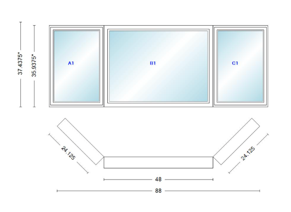 Andersen 400 Series Casement Bay Window Left-Stationary-Right 88" Wide Picture With Casement Flankers 45 Degree Angle Of Deflection Vinyl Exterior Wood Interior Low-E4 Dual Pane Argon Gas