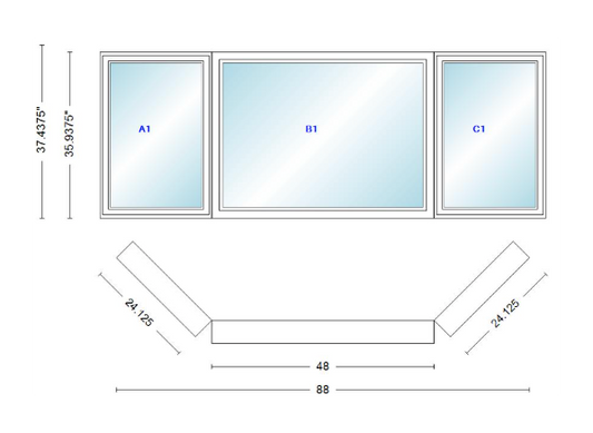 Andersen 400 Series Casement Bay Window Left-Stationary-Right 88" Wide Picture With Casement Flankers 45 Degree Angle Of Deflection Vinyl Exterior Wood Interior Low-E4 Dual Pane Argon Gas