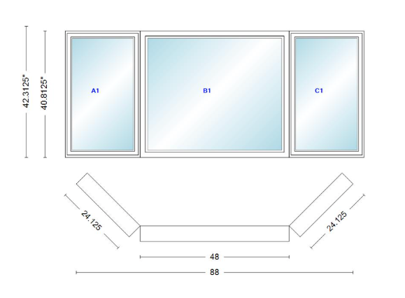 Andersen 400 Series Casement Bay Window Left-Stationary-Right 88" Wide Picture With Casement Flankers 45 Degree Angle Of Deflection Vinyl Exterior Wood Interior Low-E4 Dual Pane Argon Gas