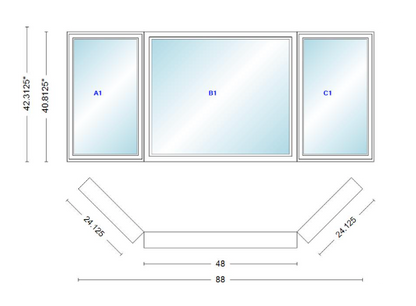 Andersen 400 Series Casement Bay Window Left-Stationary-Right 88" Wide Picture With Casement Flankers 45 Degree Angle Of Deflection Vinyl Exterior Wood Interior Low-E4 Dual Pane Argon Gas