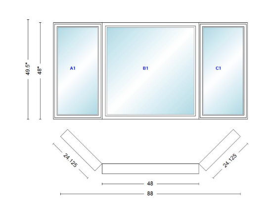 Andersen 400 Series Casement Bay Window Left-Stationary-Right 88" Wide Picture With Casement Flankers 45 Degree Angle Of Deflection Vinyl Exterior Wood Interior Low-E4 Dual Pane Argon Gas
