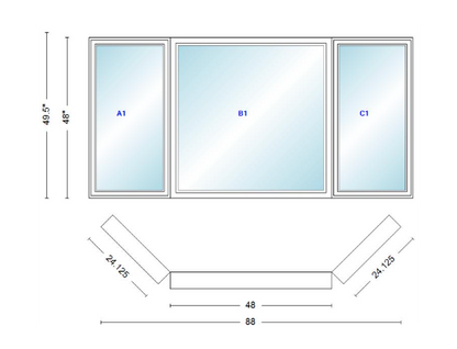 Andersen 400 Series Casement Bay Window Left-Stationary-Right 88" Wide Picture With Casement Flankers 45 Degree Angle Of Deflection Vinyl Exterior Wood Interior Low-E4 Dual Pane Argon Gas