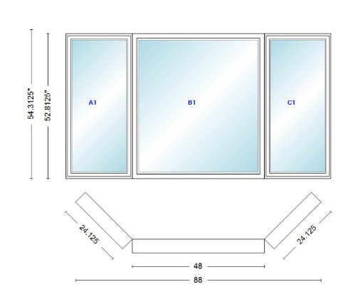 Andersen 400 Series Casement Bay Window Left-Stationary-Right 88" Wide Picture With Casement Flankers 45 Degree Angle Of Deflection Vinyl Exterior Wood Interior Low-E4 Dual Pane Argon Gas