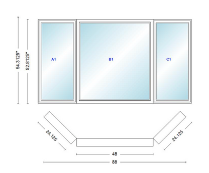 Andersen 400 Series Casement Bay Window Left-Stationary-Right 88" Wide Picture With Casement Flankers 45 Degree Angle Of Deflection Vinyl Exterior Wood Interior Low-E4 Dual Pane Argon Gas