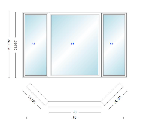 Andersen 400 Series Casement Bay Window Left-Stationary-Right 88" Wide Picture With Casement Flankers 45 Degree Angle Of Deflection Vinyl Exterior Wood Interior Low-E4 Dual Pane Argon Gas