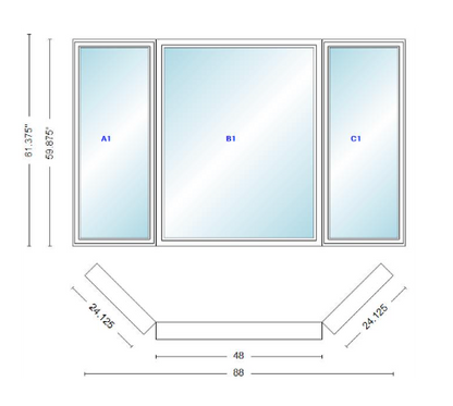 Andersen 400 Series Casement Bay Window Left-Stationary-Right 88" Wide Picture With Casement Flankers 45 Degree Angle Of Deflection Vinyl Exterior Wood Interior Low-E4 Dual Pane Argon Gas