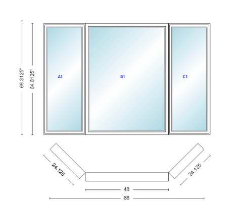 Andersen 400 Series Casement Bay Window Left-Stationary-Right 88" Wide Picture With Casement Flankers 45 Degree Angle Of Deflection Vinyl Exterior Wood Interior Low-E4 Dual Pane Argon Gas