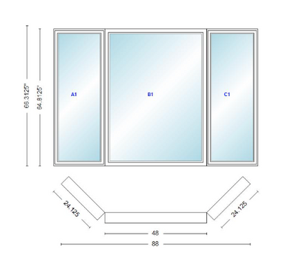 Andersen 400 Series Casement Bay Window Left-Stationary-Right 88" Wide Picture With Casement Flankers 45 Degree Angle Of Deflection Vinyl Exterior Wood Interior Low-E4 Dual Pane Argon Gas