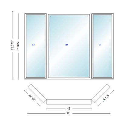 Andersen 400 Series Casement Bay Window Left-Stationary-Right 88" Wide Picture With Casement Flankers 45 Degree Angle Of Deflection Vinyl Exterior Wood Interior Low-E4 Dual Pane Argon Gas