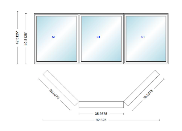 Andersen 400 Series Casement Bay Window Left-Stationary-Right 92 5/8" Wide Casement With Casement Flankers 45 Degree Angle Of Deflection Vinyl Exterior Wood Interior Low-E4 Dual Pane Argon Gas