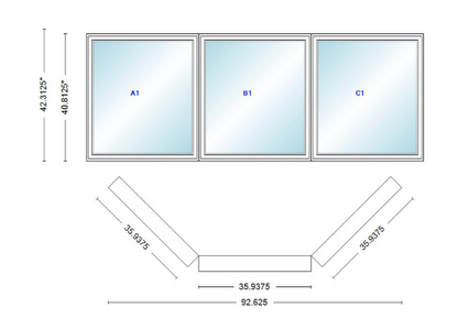 Andersen 400 Series Casement Bay Window Left-Stationary-Right 92 5/8" Wide Casement With Casement Flankers 45 Degree Angle Of Deflection Vinyl Exterior Wood Interior Low-E4 Dual Pane Argon Gas