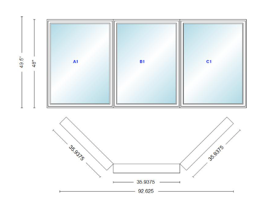 Andersen 400 Series Casement Bay Window Left-Stationary-Right 92 5/8" Wide Casement With Casement Flankers 45 Degree Angle Of Deflection Vinyl Exterior Wood Interior Low-E4 Dual Pane Argon Gas