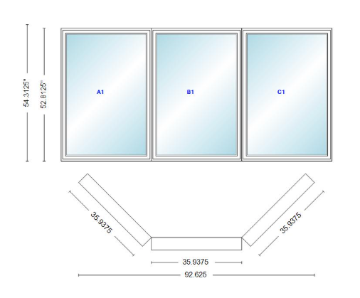 Andersen 400 Series Casement Bay Window Left-Stationary-Right 92 5/8" Wide Casement With Casement Flankers 45 Degree Angle Of Deflection Vinyl Exterior Wood Interior Low-E4 Dual Pane Argon Gas