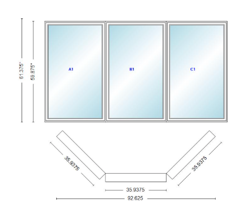 Andersen 400 Series Casement Bay Window Left-Stationary-Right 92 5/8" Wide Casement With Casement Flankers 45 Degree Angle Of Deflection Vinyl Exterior Wood Interior Low-E4 Dual Pane Argon Gas