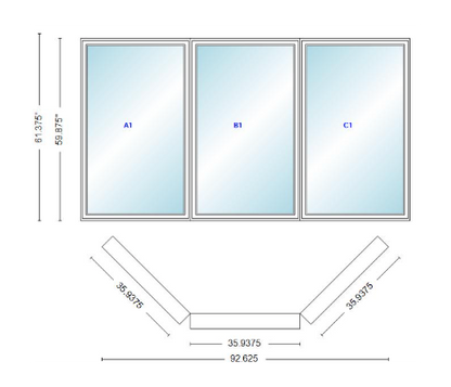 Andersen 400 Series Casement Bay Window Left-Stationary-Right 92 5/8" Wide Casement With Casement Flankers 45 Degree Angle Of Deflection Vinyl Exterior Wood Interior Low-E4 Dual Pane Argon Gas