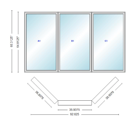 Andersen 400 Series Casement Bay Window Left-Stationary-Right 92 5/8" Wide Casement With Casement Flankers 45 Degree Angle Of Deflection Vinyl Exterior Wood Interior Low-E4 Dual Pane Argon Gas
