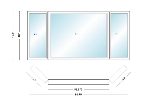 Andersen 400 Series Casement Bay Window Left-Stationary-Right 94 3/4" Wide Picture With Casement Flankers 45 Degree Angle Of Deflection Vinyl Exterior Wood Interior Low-E4 Dual Pane Argon Gas
