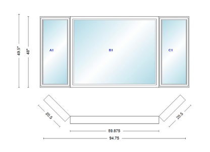 Andersen 400 Series Casement Bay Window Left-Stationary-Right 94 3/4" Wide Picture With Casement Flankers 45 Degree Angle Of Deflection Vinyl Exterior Wood Interior Low-E4 Dual Pane Argon Gas