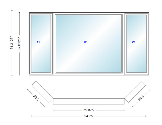 Andersen 400 Series Casement Bay Window Left-Stationary-Right 94 3/4" Wide Picture With Casement Flankers 45 Degree Angle Of Deflection Vinyl Exterior Wood Interior Low-E4 Dual Pane Argon Gas