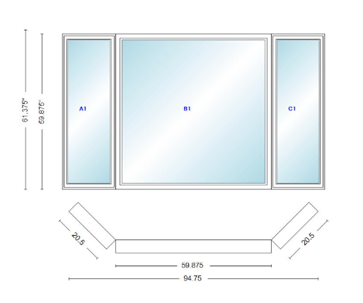 Andersen 400 Series Casement Bay Window Left-Stationary-Right 94 3/4" Wide Picture With Casement Flankers 45 Degree Angle Of Deflection Vinyl Exterior Wood Interior Low-E4 Dual Pane Argon Gas