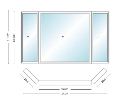Andersen 400 Series Casement Bay Window Left-Stationary-Right 94 3/4" Wide Picture With Casement Flankers 45 Degree Angle Of Deflection Vinyl Exterior Wood Interior Low-E4 Dual Pane Argon Gas