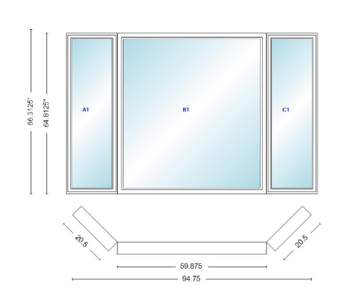 Andersen 400 Series Casement Bay Window Left-Stationary-Right 94 3/4" Wide Picture With Casement Flankers 45 Degree Angle Of Deflection Vinyl Exterior Wood Interior Low-E4 Dual Pane Argon Gas