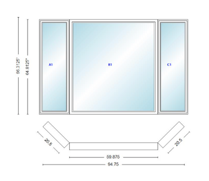 Andersen 400 Series Casement Bay Window Left-Stationary-Right 94 3/4" Wide Picture With Casement Flankers 45 Degree Angle Of Deflection Vinyl Exterior Wood Interior Low-E4 Dual Pane Argon Gas