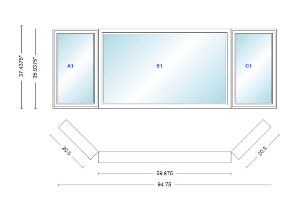Andersen 400 Series Casement Bay Window Left-Stationary-Right 94 3/4" Wide Picture With Casement Flankers 45 Degree Angle Of Deflection Vinyl Exterior Wood Interior Low-E4 Dual Pane Argon Gas