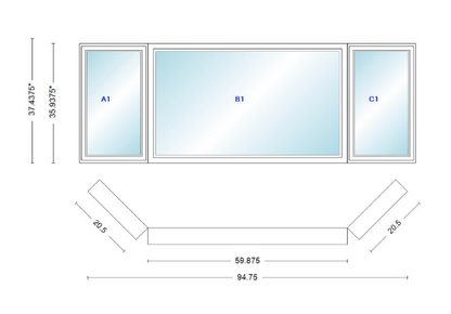Andersen 400 Series Casement Bay Window Left-Stationary-Right 94 3/4" Wide Picture With Casement Flankers 45 Degree Angle Of Deflection Vinyl Exterior Wood Interior Low-E4 Dual Pane Argon Gas