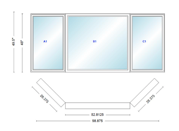 Andersen 400 Series Casement Bay Window Left-Stationary-Right 98 7/8" Wide Picture With Casement Flankers 45 Degree Angle Of Deflection Vinyl Exterior Wood Interior Low-E4 Dual Pane Argon Gas