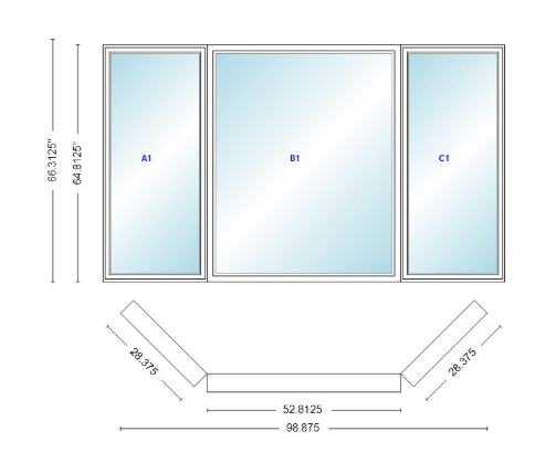 Andersen 400 Series Casement Bay Window Left-Stationary-Right 98 7/8" Wide Picture With Casement Flankers 45 Degree Angle Of Deflection Vinyl Exterior Wood Interior Low-E4 Dual Pane Argon Gas