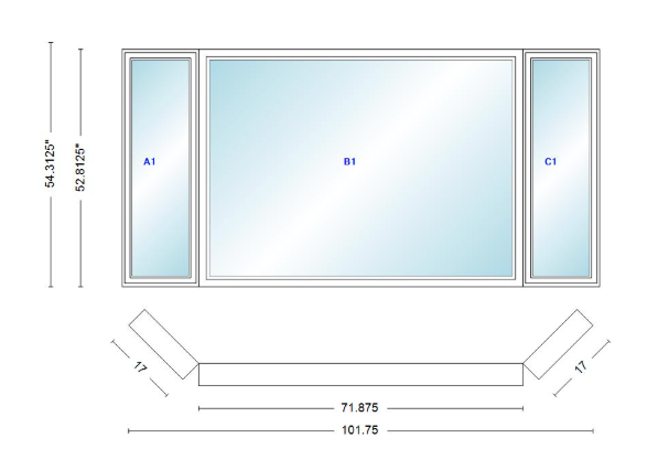 Andersen 400 Series Casement Bay Window Left-Stationary-Right 101 3/4" Wide Picture With Casement Flankers 45 Degree Angle Of Deflection Vinyl Exterior Wood Interior Low-E4 Dual Pane Argon Gas