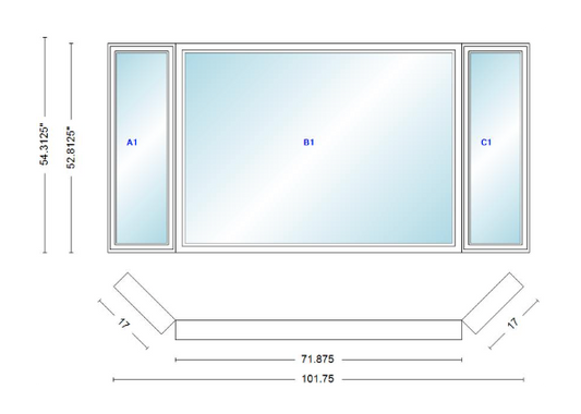 Andersen 400 Series Casement Bay Window Left-Stationary-Right 101 3/4" Wide Picture With Casement Flankers 45 Degree Angle Of Deflection Vinyl Exterior Wood Interior Low-E4 Dual Pane Argon Gas