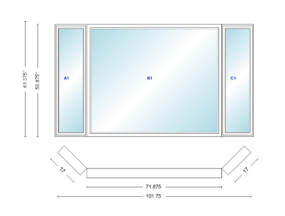 Andersen 400 Series Casement Bay Window Left-Stationary-Right 101 3/4" Wide Picture With Casement Flankers 45 Degree Angle Of Deflection Vinyl Exterior Wood Interior Low-E4 Dual Pane Argon Gas