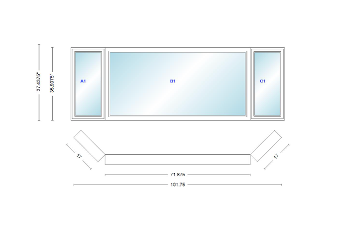Andersen 400 Series Casement Bay Window Left-Stationary-Right 101 3/4" Wide Picture With Casement Flankers 45 Degree Angle Of Deflection Vinyl Exterior Wood Interior Low-E4 Dual Pane Argon Gas