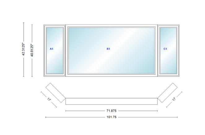 Andersen 400 Series Casement Bay Window Left-Stationary-Right 101 3/4" Wide Picture With Casement Flankers 45 Degree Angle Of Deflection Vinyl Exterior Wood Interior Low-E4 Dual Pane Argon Gas