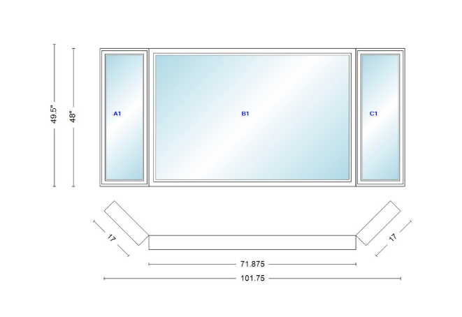 Andersen 400 Series Casement Bay Window Left-Stationary-Right 101 3/4" Wide Picture With Casement Flankers 45 Degree Angle Of Deflection Vinyl Exterior Wood Interior Low-E4 Dual Pane Argon Gas