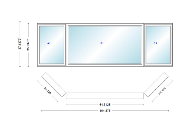 Andersen 400 Series Casement Bay Window Left-Stationary-Right 104 7/8" Wide Picture With Casement Flankers 45 Degree Angle Of Deflection Vinyl Exterior Wood Interior Low-E4 Dual Pane Argon Gas