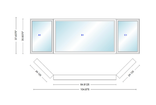 Andersen 400 Series Casement Bay Window Left-Stationary-Right 104 7/8" Wide Picture With Casement Flankers 45 Degree Angle Of Deflection Vinyl Exterior Wood Interior Low-E4 Dual Pane Argon Gas